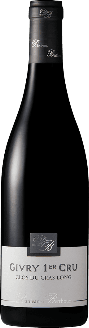 Het label is elegant en minimalistisch met de tekst 'Givry 1er Cru' prominent in het midden. Bovenaan staat een monogram 'DB' en onderaan de naam 'Danjean-Berthoux'. Het ontwerp is strak zonder afbeeldingen, met een focus op typografie.