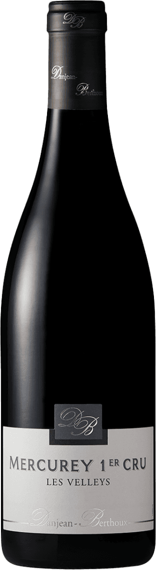 Het label heeft een minimalistische uitstraling met een grijze achtergrond. De tekst 'Mercurey 1er Cru Les Velleys' staat centraal in grote, duidelijke letters. Bovenaan is het logo van Danjean-Berthoux te zien, eveneens in een eenvoudige stijl.