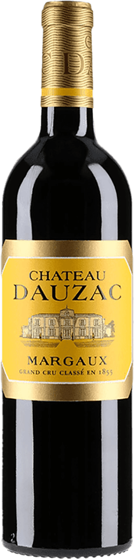 Het label van de wijnfles toont een afbeelding van een kasteel in het midden. Boven het kasteel staat de tekst 'CHATEAU DAUZAC' in grote, duidelijke letters. Onder het kasteel staat 'MARGAUX' en daaronder 'GRAND CRU CLASSÉ EN 1855'. Het geheel heeft een klassieke uitstraling.