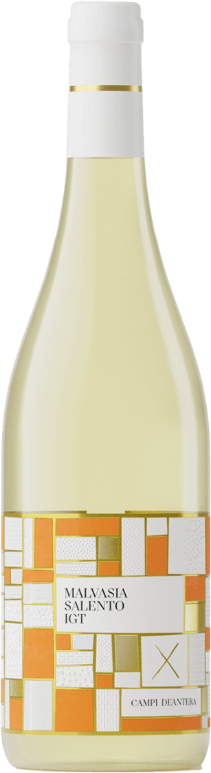 Het label bestaat uit een modern, abstract patroon van rechthoekige en vierkante vlakken in wit, goud en oranje. In het midden staat een wit vlak met de naam van de wijn en producent. Er is een gouden lijnkruis als grafisch element toegevoegd. Het geheel oogt strak, minimalistisch maar opvallend door het kleurgebruik.