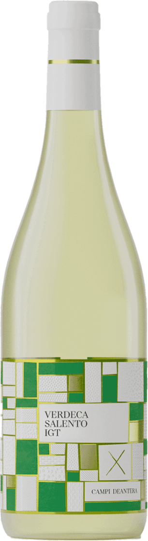 Het label toont een geometrisch patroon met rechthoeken en vierkanten in verschillende groottes. De kleuren zijn voornamelijk groen, wit en goud. In het midden staat de tekst 'Verdeca Salento IGT' en onderaan 'Campi Deantera'.