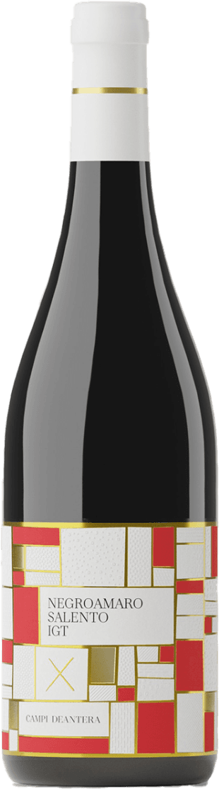 Het label toont een modern, geometrisch patroon van rechthoeken en vierkanten in wit, rood en goud, omlijnd met gouden lijnen. De vlakken zijn speels verdeeld over het label, met een centraal wit vlak waarin de naam van de wijn staat. Er is een minimalistisch gouden kruis onder de naam. Het geheel oogt strak, abstract en eigentijds, zonder afbeeldingen van dieren, mensen of natuur.