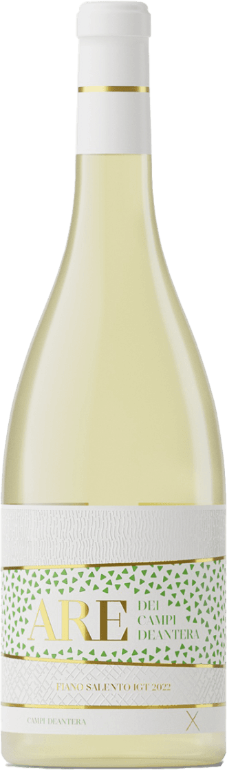 Het label van deze wijnfles is modern en fris vormgegeven. Het heeft een witte achtergrond met een patroon van kleine groene driehoekjes die samen een speels, bijna mozaïekachtig effect creëren. De naam 'ARE' staat prominent in grote gouden letters op het label, met daarnaast kleinere tekst in groen en goud. Er zijn ook subtiele gouden lijnen en reliëfstructuren aanwezig, wat het geheel luxe en eigentijds maakt.