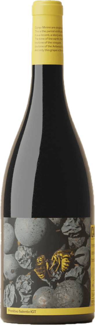 Het label toont een close-up afbeelding van blauwe druiven met daarop een opvallende gele wesp. De achtergrond is donker, waardoor de kleuren van de wesp en druiven extra opvallen. Onderaan het label is een gele balk met tekst.