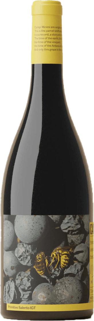 Het label toont grijze stenen en een geel-zwarte wesp. Er is een gele band met tekst aan de bovenkant van de fles.