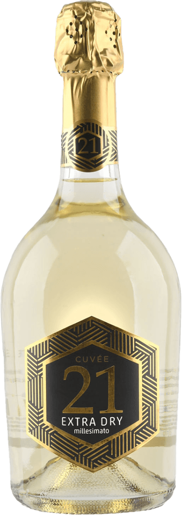 Het label heeft een geometrisch ontwerp met een groot cijfer '21' centraal. De achtergrond is zwart met gouden lijnen die een patroon vormen rondom het cijfer. Onder het cijfer staat de tekst 'Cuvée Extra Dry millesimato'.