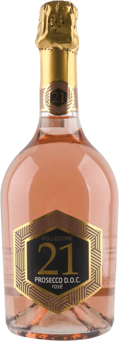 Het label heeft een opvallend geometrisch patroon met goudkleurige accenten. In het midden staat prominent het nummer '21'. Onder het nummer staan de woorden 'Prosecco D.O.C. rosé' en daarboven 'Collezione'. Het geheel heeft een elegante en moderne uitstraling.