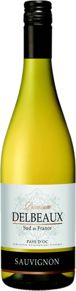 Het label van de wijnfles toont een sierlijk patroon met het woord 'Premium' in oranje en de naam 'DELBEAUX' prominent weergegeven in zwarte hoofdletters. Onder de naam staat 'Sud de France' en 'Pays d'Oc'. Het ontwerp is klassiek en elegant, met een symmetrisch ornament als achtergrond.
