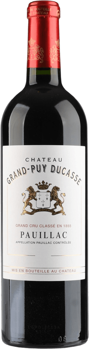 Het label van de wijnfles toont een familiewapen met twee leeuwen aan weerszijden. Boven het wapen staat de naam 'Chateau Grand-Puy Ducasse'. Onder het wapen staan de woorden 'Grand Cru Classé en 1855' en daaronder 'Pauillac'. Het geheel heeft een klassieke en elegante uitstraling.