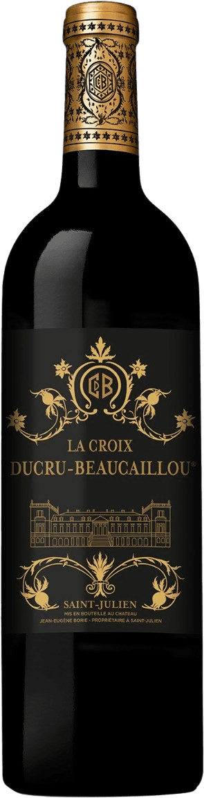 Het label toont een gedetailleerde tekening van een kasteel, met sierlijke decoraties eromheen. Boven het kasteel staat de naam 'La Croix Ducru-Beaucaillou' in opvallende letters. Het ontwerp is elegant en klassiek, met een focus op het centrale beeld van het kasteel.