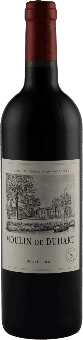 Het label toont een gedetailleerde tekening van een landhuis of kasteel met bomen eromheen. Er is ook tekst aanwezig die de naam van de wijn en de regio vermeldt.