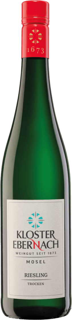 Het label is minimalistisch en traditioneel, met de naam 'Kloster Ebernach' prominent in zwarte letters. Er is een symbool boven de naam dat lijkt op een gestileerd kruis of ster in turquoise en wit. Onder de naam staat 'Weingut seit 1673', gevolgd door 'Mosel' en 'Riesling Trocken'.