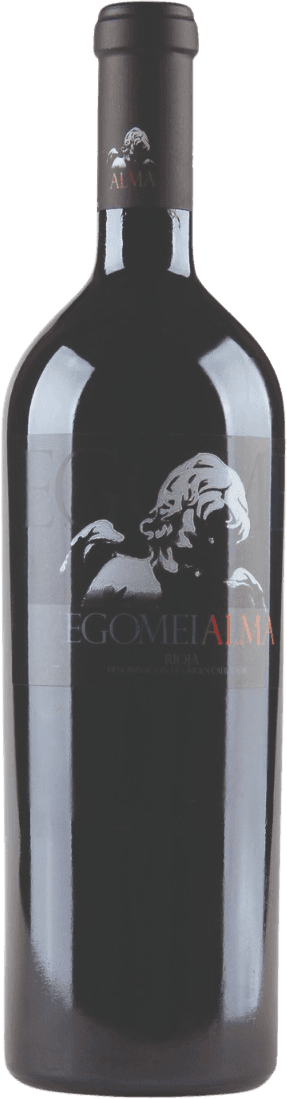 Het label toont een artistieke afbeelding van een gezicht of buste, met de naam 'EGOMEI ALMA' prominent in elegante letters. De kleuren zijn gedempt en er is gebruik gemaakt van een minimalistische stijl.