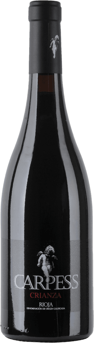 Het label toont een minimalistische, moderne uitstraling met centraal een afbeelding van een springend of dansend paard in het wit/grijs. De merknaam 'CARPESS' staat groot en prominent in witte letters, met daaronder 'CRIANZA' in het rood. Het geheel oogt strak, met weinig extra decoratie en een duidelijke, visuele focus op het dier en de merknaam.