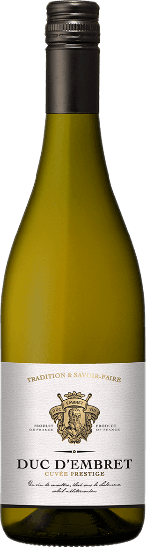Het label toont een traditioneel ontwerp met een familiewapen in het midden. Boven het wapen staat "TRADITION & SAVOIR-FAIRE" geschreven. Onder het wapen staat "DUC D'EMBRET CUVÉE PRESTIGE".