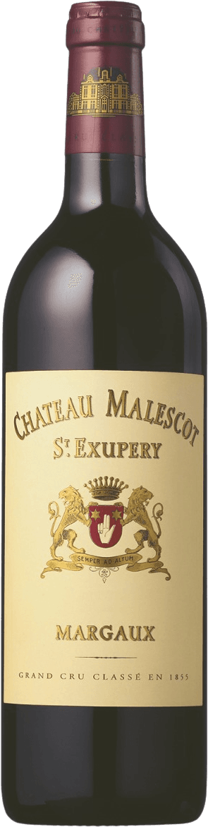 Het label toont de naam 'Chateau Malescot St. Exupery' in grote letters bovenaan, met daaronder een familiewapen dat bestaat uit twee leeuwen die een schild vasthouden. Onder het wapen staat 'Margaux' en onderaan het label de tekst 'Grand Cru Classé en 1855'.