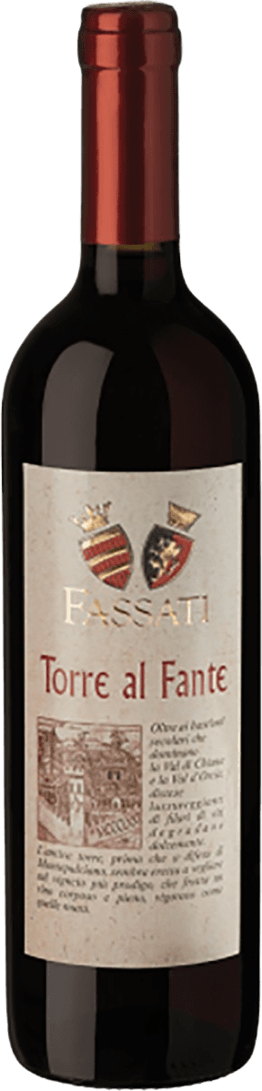 Het label toont een traditioneel ontwerp met twee familiewapens bovenaan. Er is een tekening van een kasteel of historisch gebouw, en de tekst "Torre al Fante" in grote rode letters. De achtergrond heeft een lichte textuur.