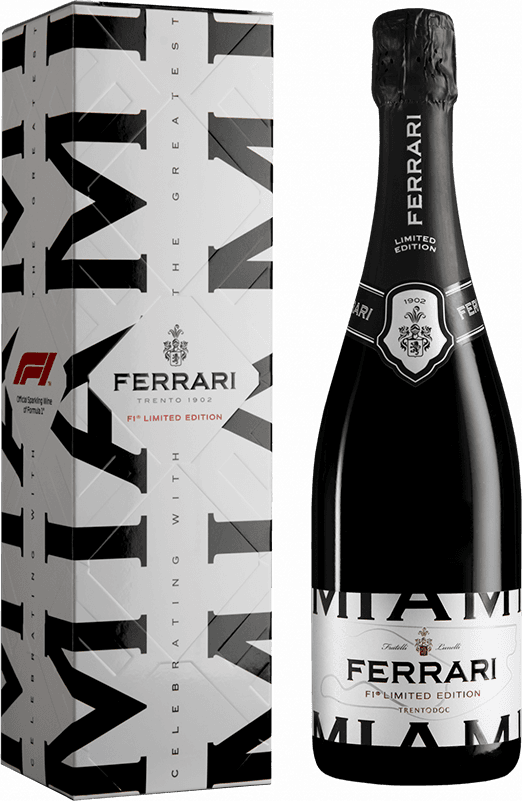 Het label toont de naam 'Ferrari' en 'Miami' in grote letters. Er is ook een familiewapen of embleem zichtbaar boven de tekst. Het label heeft een moderne en strakke uitstraling.