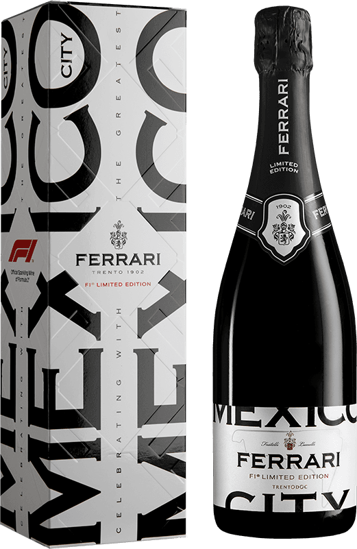 Het label toont grote, opvallende letters met de tekst 'MEXICO CITY' en 'FERRARI'. Er is een familiewapen of logo centraal op het label geplaatst. De stijl is modern en strak, met een zwart-wit kleurenpalet.