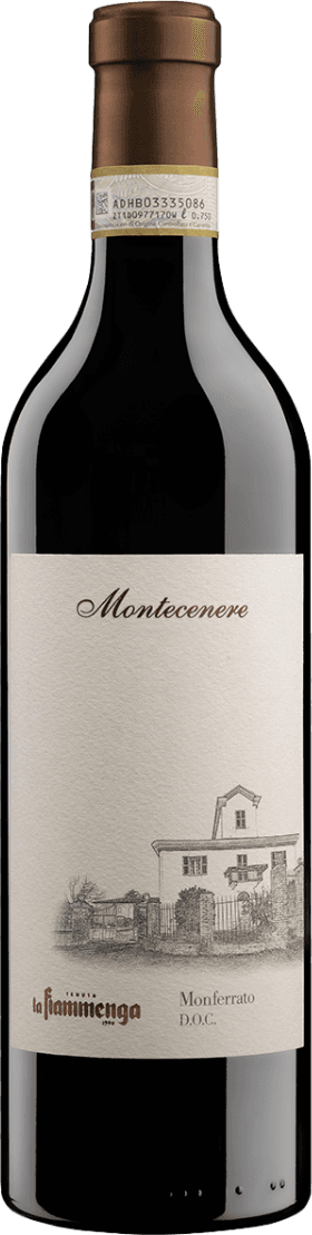 Het label is crèmekleurig met een fijn getekende illustratie van een huis of wijnhuis, waarschijnlijk het domein van de wijnmaker. De tekening is in zwart-wit en heeft een klassieke, gedetailleerde stijl. Bovenaan staat in sierlijke, klassieke letters de naam 'Montecenere'. Onderaan het label staat de naam van het wijnhuis 'la Fiammenga' en de herkomstbenaming 'Monferrato D.O.C.' in kleinere, strakke letters. Het geheel oogt rustig, traditioneel en elegant.