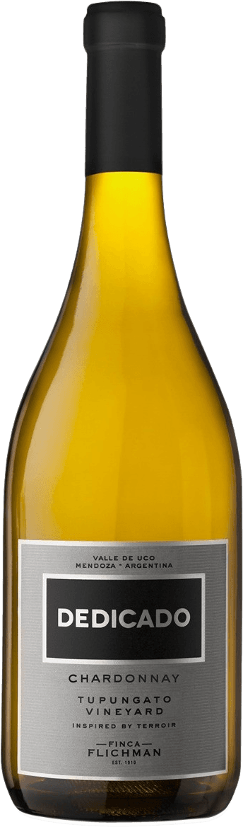 Het label is minimalistisch met een grote rechthoekige zwarte achtergrond waarop het woord 'DEDICADO' in witte hoofdletters staat. Onder de zwarte rechthoek is er een grijze achtergrond met kleinere teksten in zwart, waaronder 'CHARDONNAY', 'TUPUNGATO VINEYARD', en andere details van de wijn. Het geheel heeft een strakke en moderne uitstraling.