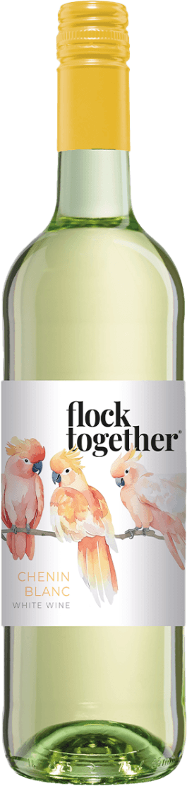 Het label toont drie kleurrijke vogels op een tak met de tekst 'flock together'. De vogels zijn in zachte pastelkleuren weergegeven, wat een speelse en moderne uitstraling geeft.
