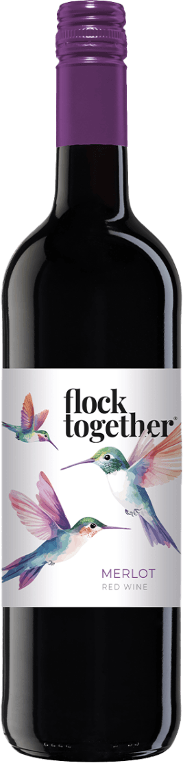 Het label toont kleurrijke kolibries in een artistieke stijl, met de tekst 'flock together' en 'Merlot Red Wine'.