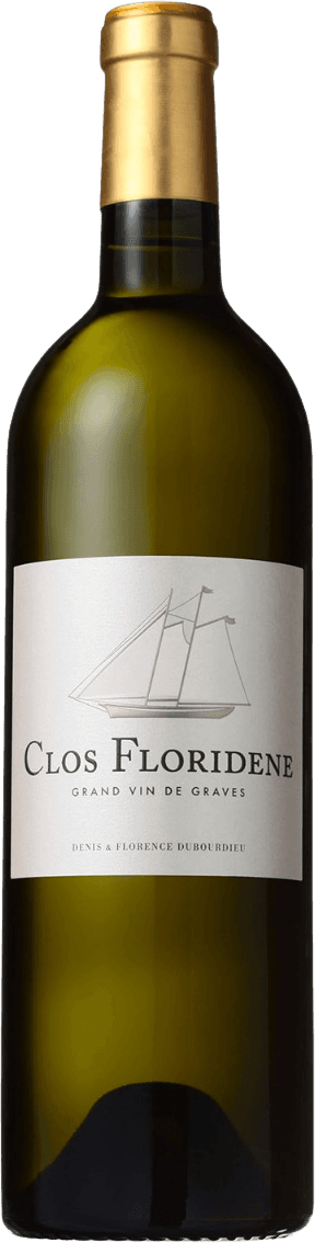Het label toont een elegante lijntekening van een zeilschip boven de naam 'Clos Floridène'. Het geheel heeft een klassieke en minimalistische uitstraling.