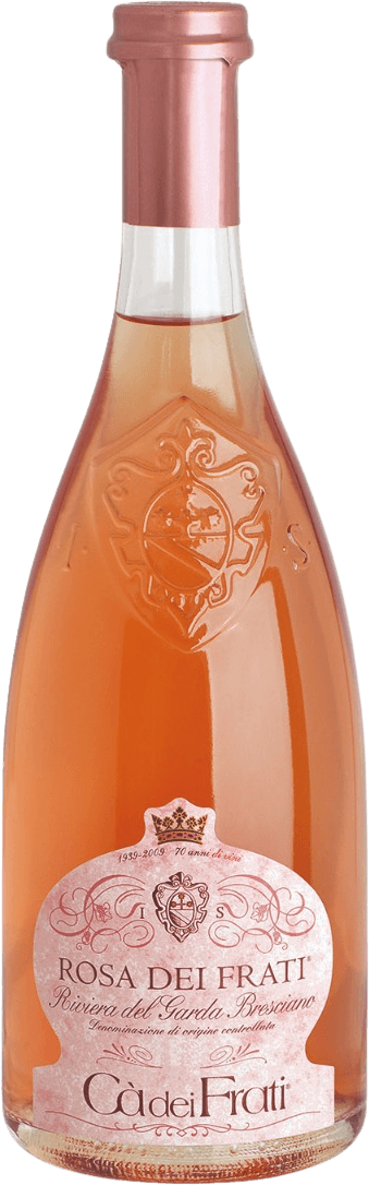 Het label is roze met sierlijke elementen en bevat een kroon en een familiewapen. De tekst 'Rosa dei Frati' is prominent aanwezig.