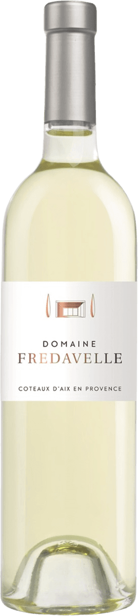 Het label van de wijnfles heeft een minimalistische uitstraling met een witte achtergrond. Centraal op het label staat de naam 'Domaine Fredavelle' in grote, opvallende letters. Boven deze tekst is een eenvoudig, lineair logo afgebeeld dat lijkt op een abstracte weergave van een gebouw of structuur. Onder de naam staat 'Coteaux d'Aix en Provence' in kleinere letters.