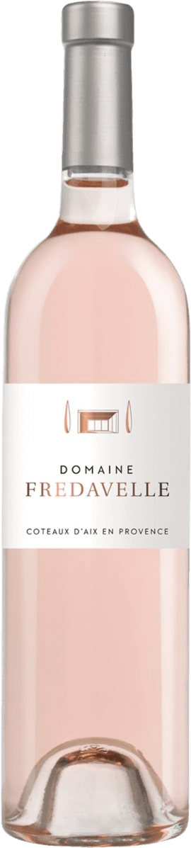 Het label is wit met minimalistische elementen. Er staat een afbeelding van een abstract gebouw of structuur in het midden, met daaronder de tekst 'Domaine Fredavelle'. De naam van de wijnstreek 'Coteaux d'Aix en Provence' staat onderaan het label.