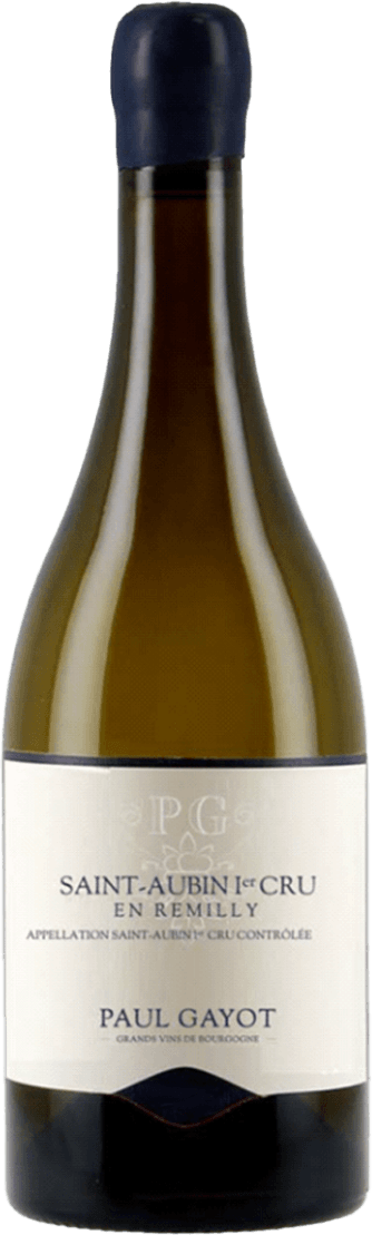 Het label is wit met zwarte en blauwe tekst. Bovenaan staat 'PG' met een sierlijk element eromheen. Daaronder staat 'SAINT-AUBIN 1er CRU EN REMILLY' en 'APPELLATION SAINT-AUBIN 1er CRU CONTRÔLÉE'. Onderaan staat 'PAUL GAYOT' met daaronder 'GRANDS VINS DE BOURGOGNE'.
