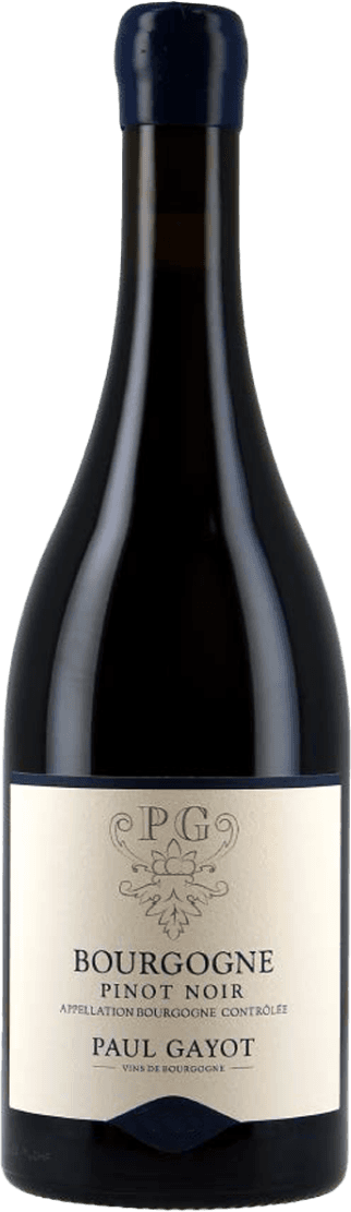 Het label toont de initialen 'PG' met een decoratief element eronder. Daaronder staat de naam van de wijn 'Bourgogne Pinot Noir' en de aanduiding 'Appellation Bourgogne Contrôlée'. Onderaan staat 'Paul Gayot' vermeld.