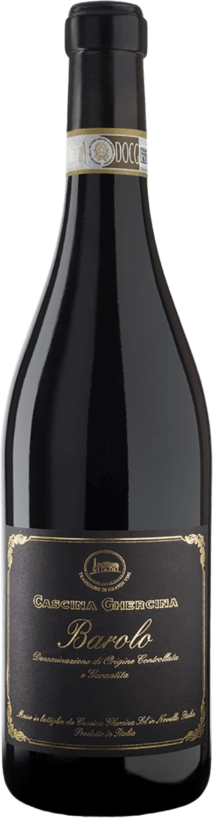 Het label is donker met gouden accenten en sierlijke letters. Bovenaan staat een afbeelding van een kasteel of wijnhuis in goud, omringd door tekst die de herkomst aangeeft. De naam 'Cascina Ghercina' en 'Barolo' zijn prominent aanwezig in elegante, klassieke letters.