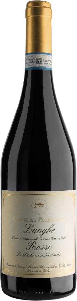 Het label is crèmekleurig met sierlijke gouden accenten in de hoeken. Er staat een ovaal embleem bovenaan met daarin een afbeelding van een gebouw of kasteel. De tekst is in klassieke letters geschreven, voornamelijk in goud en zwart.