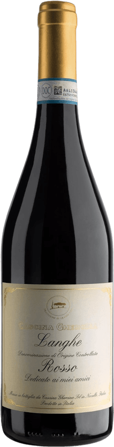 Het label heeft een klassieke uitstraling met sierlijke letters en een klein embleem in het midden. Het bevat de naam van de wijn 'Langhe Rosso' en enkele Italiaanse teksten. De achtergrond is lichtgeel met goudkleurige accenten aan de randen.
