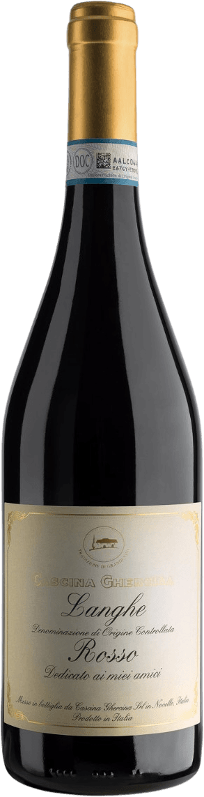 Het label is klassiek en traditioneel vormgegeven met een crèmekleurige achtergrond en gouden randversiering. In het midden staat een klein, fijn getekend wijnhuis of boerderij afgebeeld in een cirkel. De rest van het label bestaat uit sierlijke, klassieke typografie.