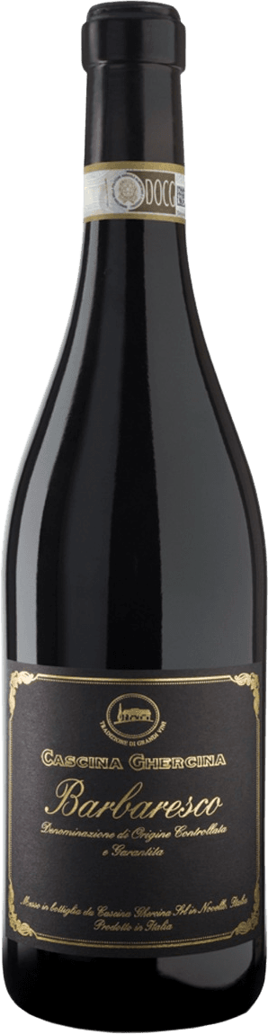 Het label is voornamelijk zwart met goudkleurige accenten. Bovenaan staat de naam 'Cascina Ghercina' in grote letters, en daaronder 'Barbaresco'. Er zijn sierlijke gouden ornamenten aan de hoeken van het label.