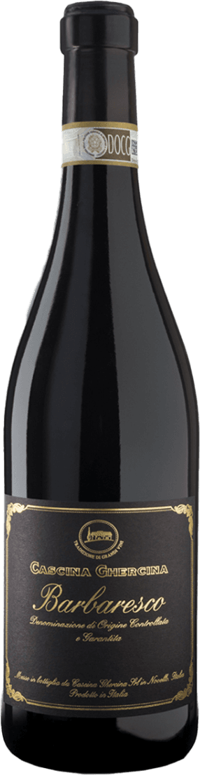 Het label heeft een klassieke uitstraling met sierlijke gouden letters en randen tegen een donkere achtergrond. Centraal staat de naam van de wijn 'Barbaresco' in grote, elegante letters. Bovenaan is er een klein embleem of logo zichtbaar.