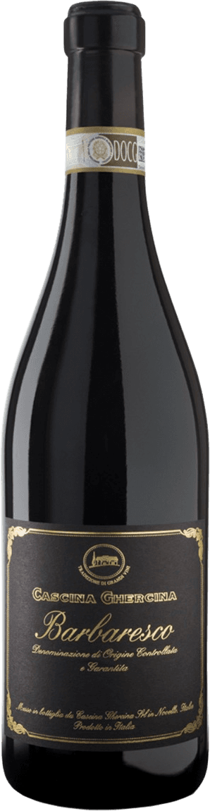 Het label is zwart met gouden sierlijke letters en decoratieve elementen in de hoeken. Het bevat de naam 'Cascina Ghercina' en 'Barbaresco', met enkele kleinere teksten eronder.