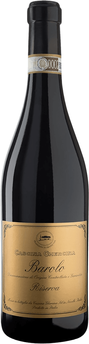 Het label is goudkleurig met sierlijke zwarte letters. Bovenaan staat een klein embleem van een gebouw of kasteel, omgeven door decoratieve elementen in de hoeken.