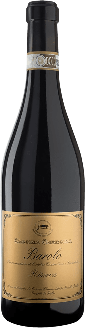 Het label is goudkleurig met sierlijke zwarte letters. Bovenaan staat een klein embleem met een afbeelding van een gebouw of kasteel. De naam 'Cascina Ghercina' is prominent aanwezig, samen met 'Barolo Riserva'.