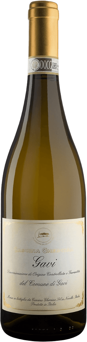 Het label is vrij traditioneel met sierlijke gouden details en een afbeelding van wat lijkt op een gebouw of kasteel in het midden. Er staan ook teksten op die de naam en herkomst van de wijn aangeven.