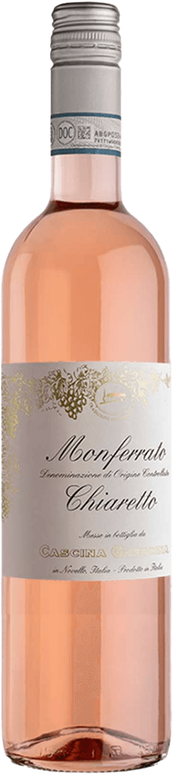 Het label toont sierlijke gouden druivenranken en een afbeelding van een wijnhuis of kasteel in het midden bovenaan. De tekst is klassiek en elegant, met de naam 'Monferrato Chiaretto' prominent in het midden.