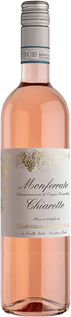 Het label is licht van kleur, waarschijnlijk wit of crème, met sierlijke gouden grafische elementen van druiventrossen en wijnranken aan de bovenkant. In het midden staat de naam 'Monferrato Chiaretto' in een klassieke, sierlijke typografie. Onderaan het label zijn kleinere teksten en de naam van de producent, ook gedeeltelijk in goud. Het geheel oogt traditioneel en elegant, met een subtiele luxe uitstraling door het gebruik van goud.