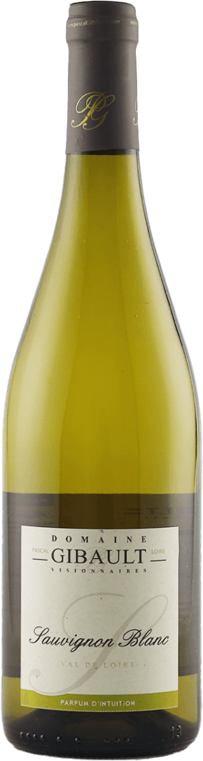 Het label toont de naam 'Domaine Gibault' in grote letters, met daaronder 'Sauvignon Blanc' en 'Val de Loire'. Het ontwerp is strak en traditioneel, met een subtiel sierlijk element op de achtergrond.