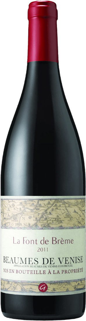 Het label toont een oude kaart als achtergrond. Er staat in sierlijke letters 'La Font de Brème' en daaronder 'Beaumes de Venise'. Het geheel heeft een traditionele uitstraling met een focus op elegantie en geschiedenis.