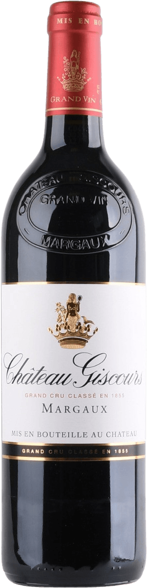 Het label van de wijnfles toont een elegant en traditioneel ontwerp. Bovenaan is er een goudkleurig embleem met een kroon en sierlijke elementen. De naam 'Château Giscours' is prominent in sierlijke letters geschreven, gevolgd door 'Grand Cru Classé en 1855' en 'Margaux'. Er is ook een zwarte band aan de onderkant met gouden letters.