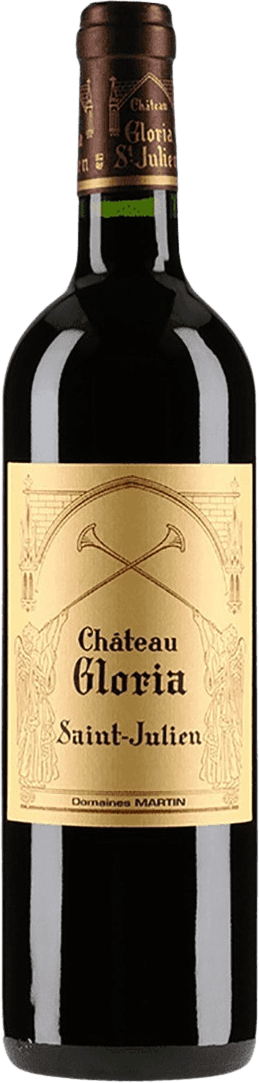 Het label toont een traditioneel ontwerp met afbeeldingen van engelachtige figuren en gekruiste bijlen boven de tekst "Château Gloria Saint-Julien". Het heeft een klassieke uitstraling die doet denken aan historische wijnhuizen.