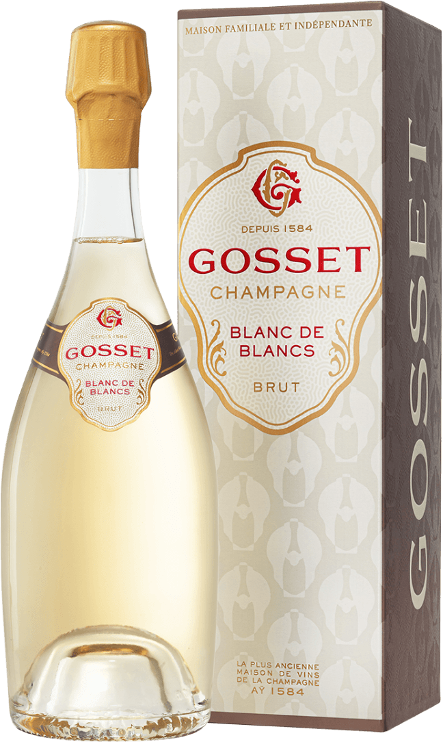 Het label van de fles toont een traditioneel ontwerp met het logo en de naam 'Gosset Champagne' prominent in rood. Er is een gouden rand om het centrale deel van het label, dat ook tekst bevat zoals 'Blanc de Blancs' en 'Brut'.